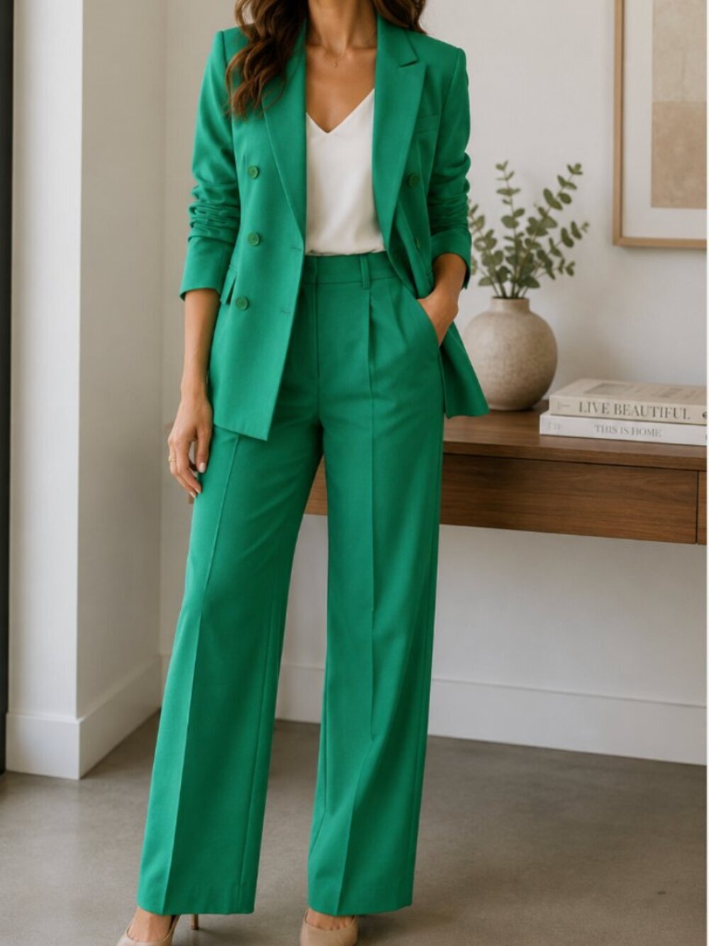 Forever 21 Green Pantsuit Set Blazer & High Rise Trousers Size S Chic Workwear